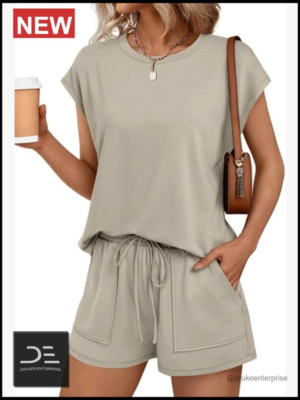Crew Neck Cap Sleeve Drawstring Two Piece Short Set with Pockets